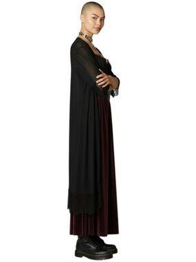 Vintage Womens Sheer Peignoir Dressing Gown Large Black Longline Lace Trim Sexy
